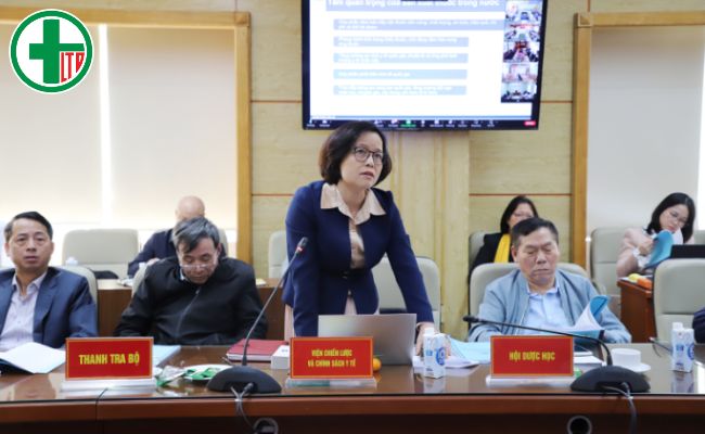 Bà Nguyễn Khánh Phương, Viện trưởng Viện Chiến lược và Chính sách y tế tham luận tại hội nghị.